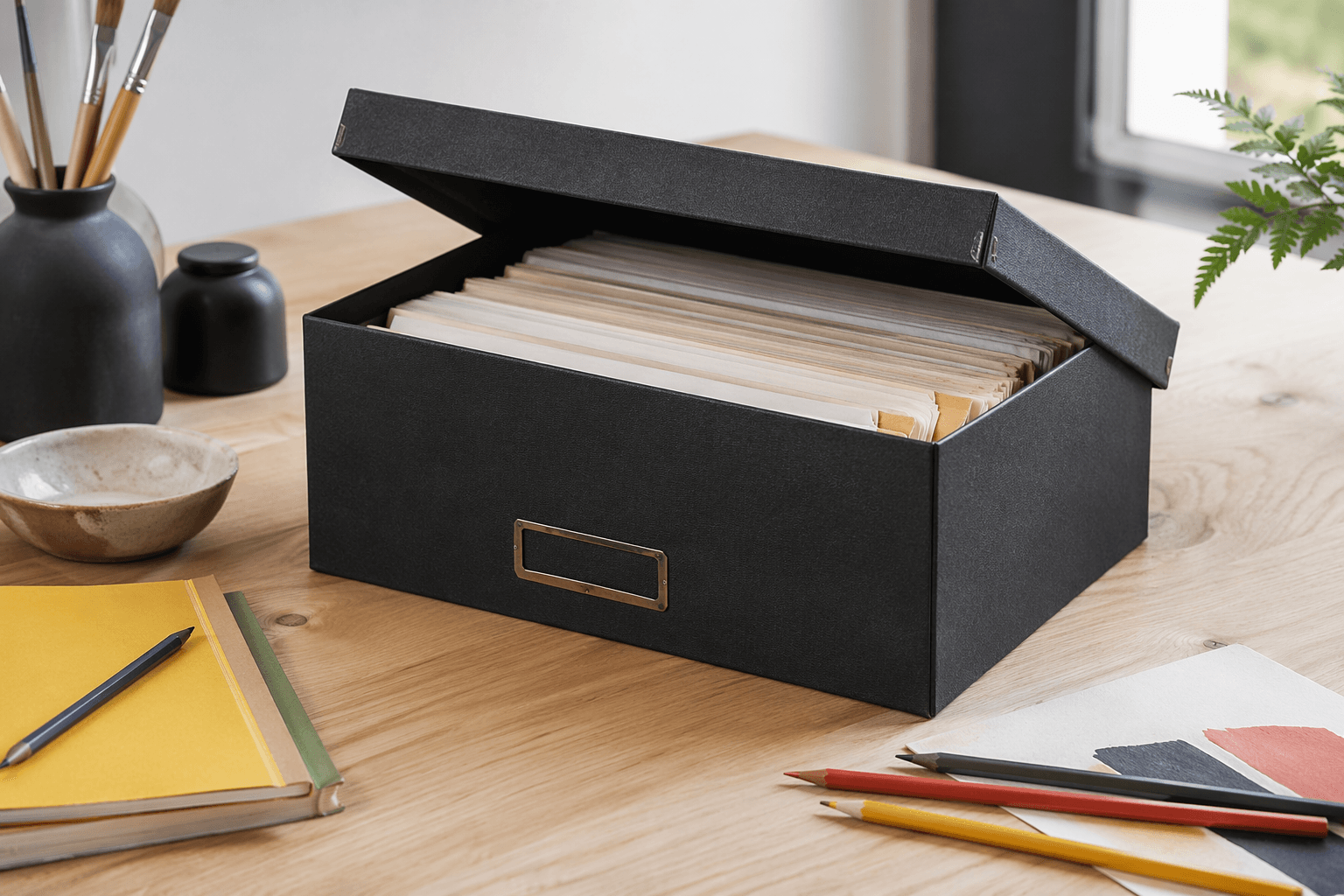 Archival Storage Box in use on a desk