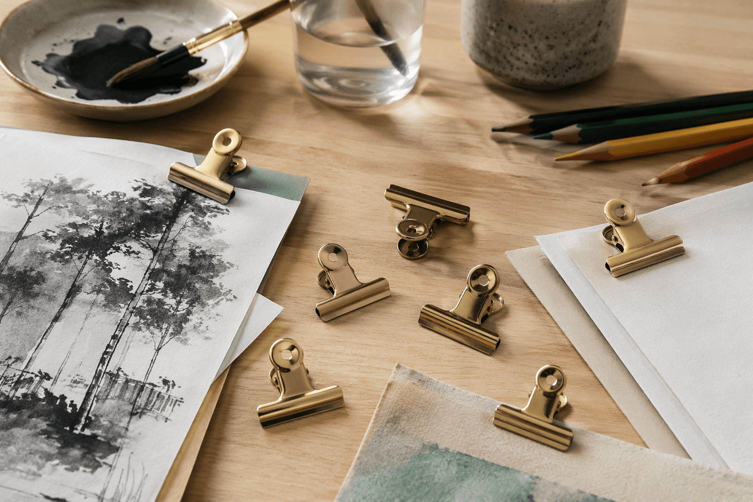 Brass Page Clips (8) in use on a desk