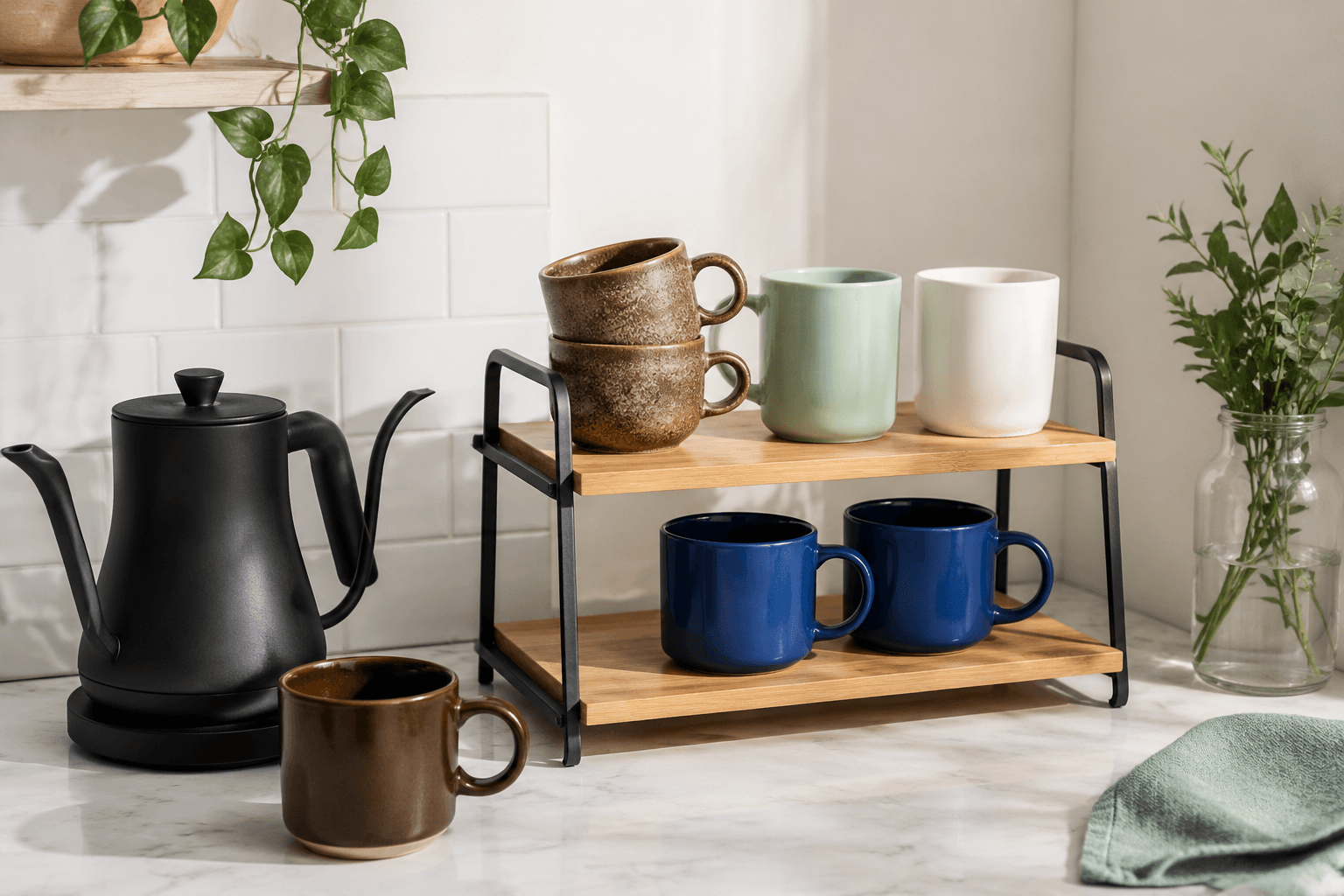 Counter Riser Shelf styled on a drink station