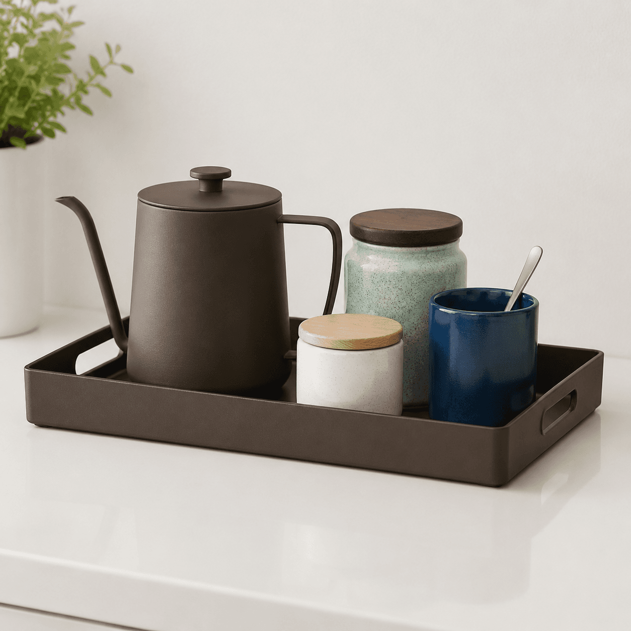 Counter Tray — A shallow tray that corrals your kettle, jars and cups into one tidy zone.