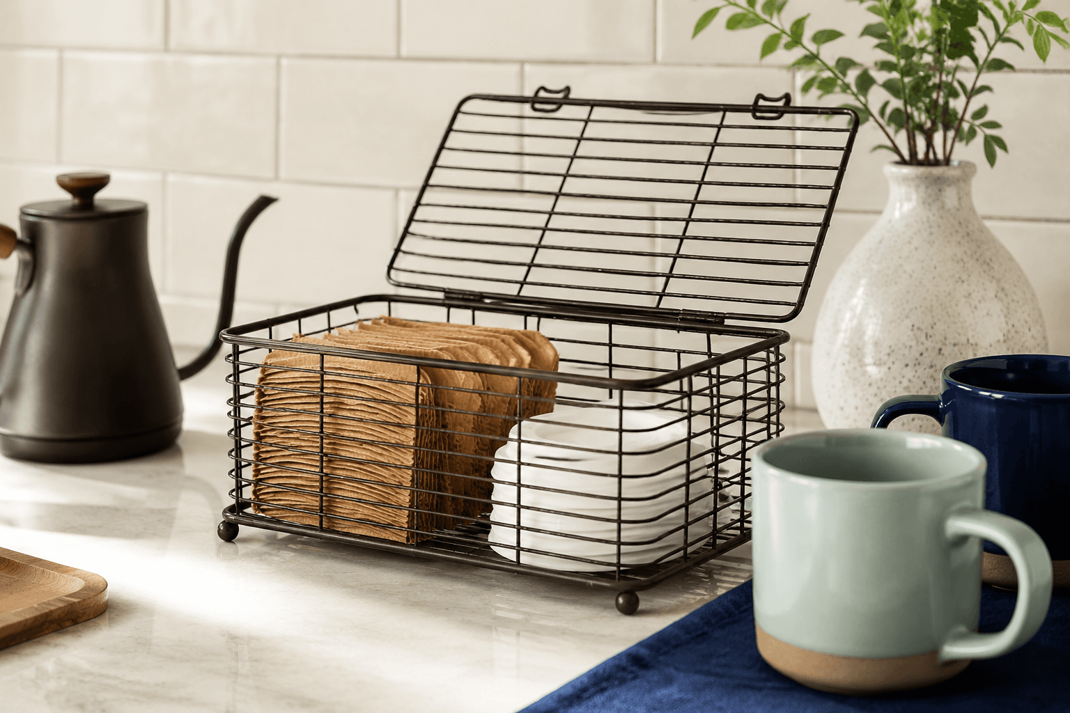Cup Sleeve Basket styled on a drink station