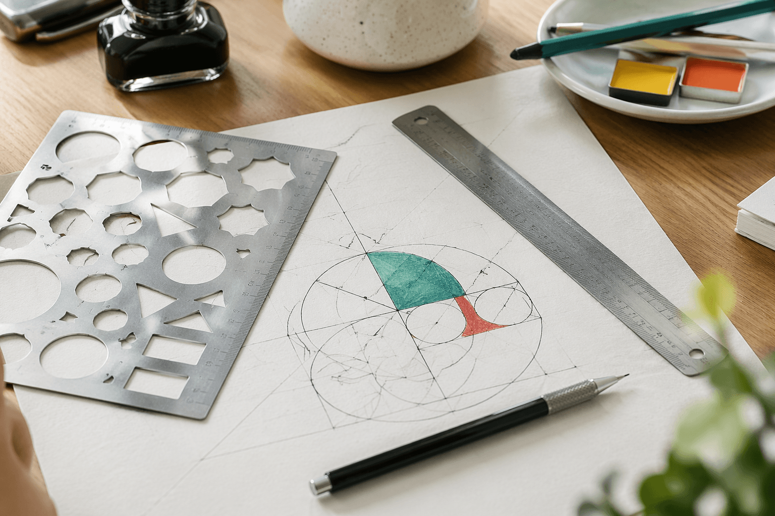 Desk Ruler & Stencil in use on a desk