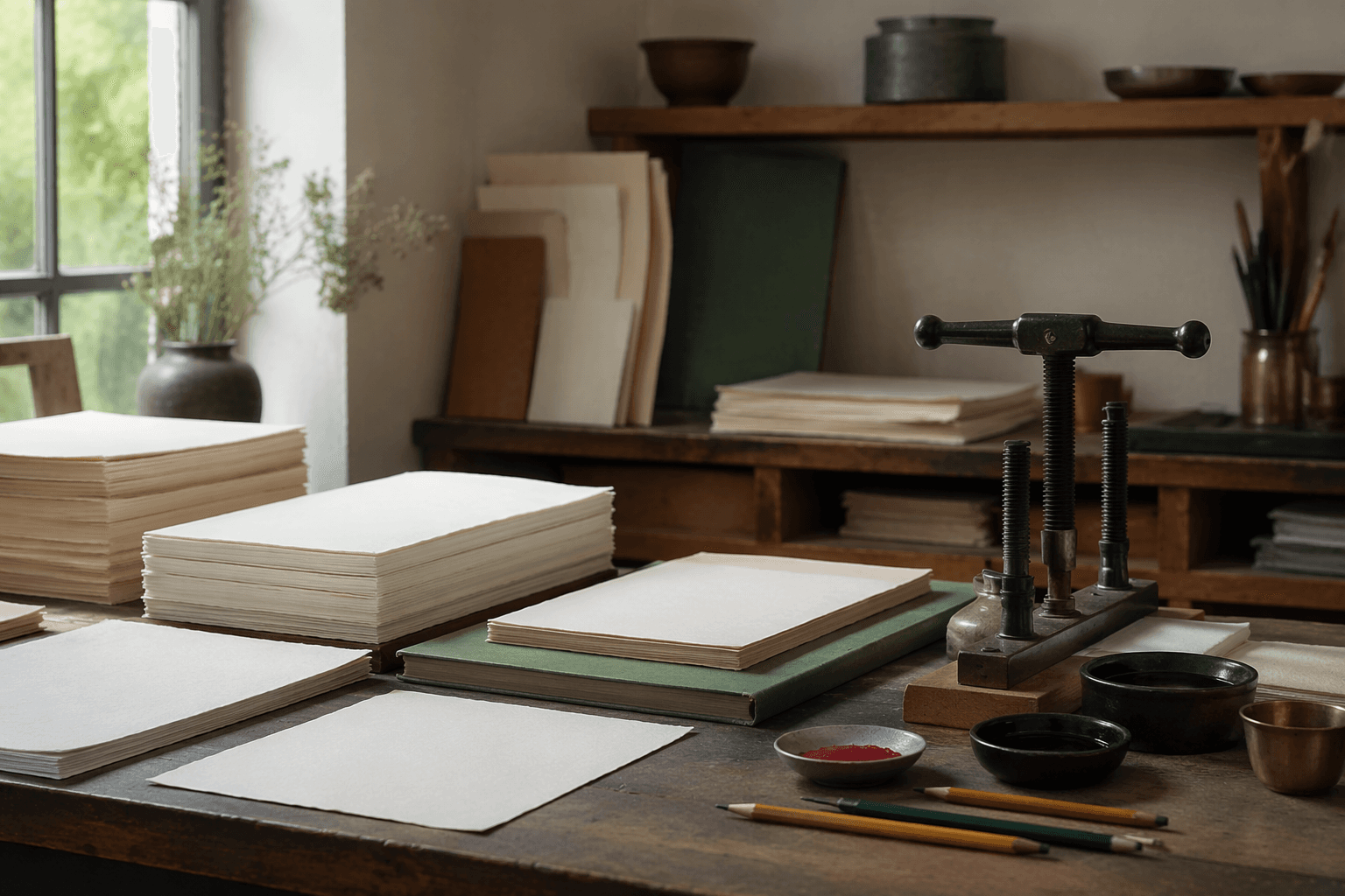 A paper studio workbench with stacks of blank paper and binding tools