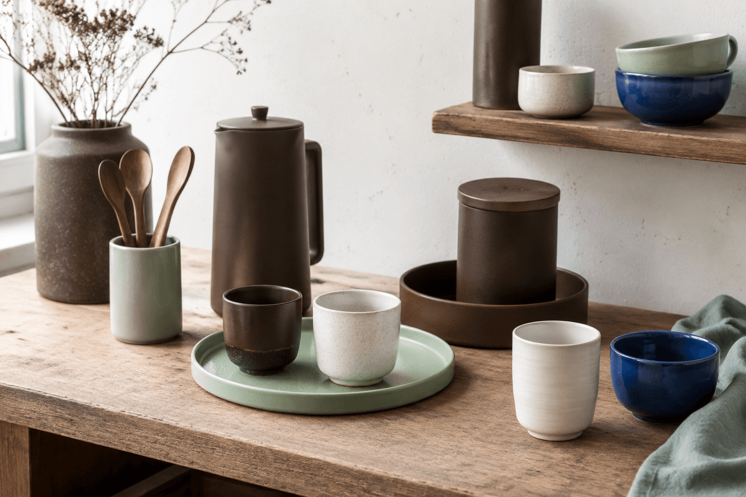 A homeware studio workbench with ceramic drink accessories