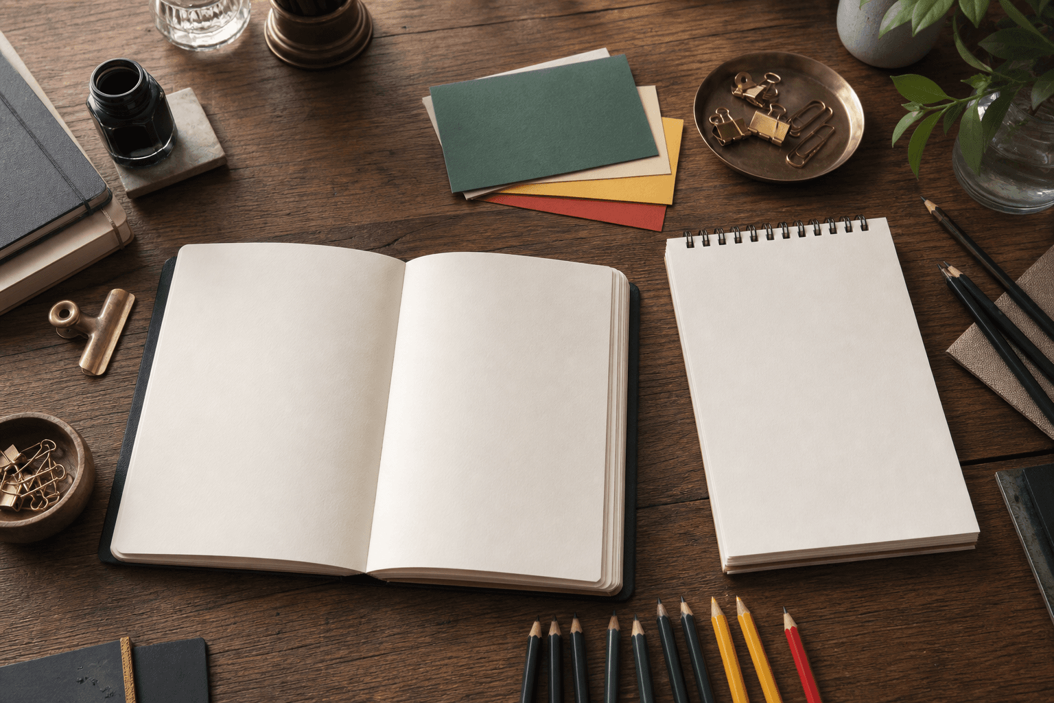 Overhead view of a desk with blank notebooks, index cards, brass clips and pencils