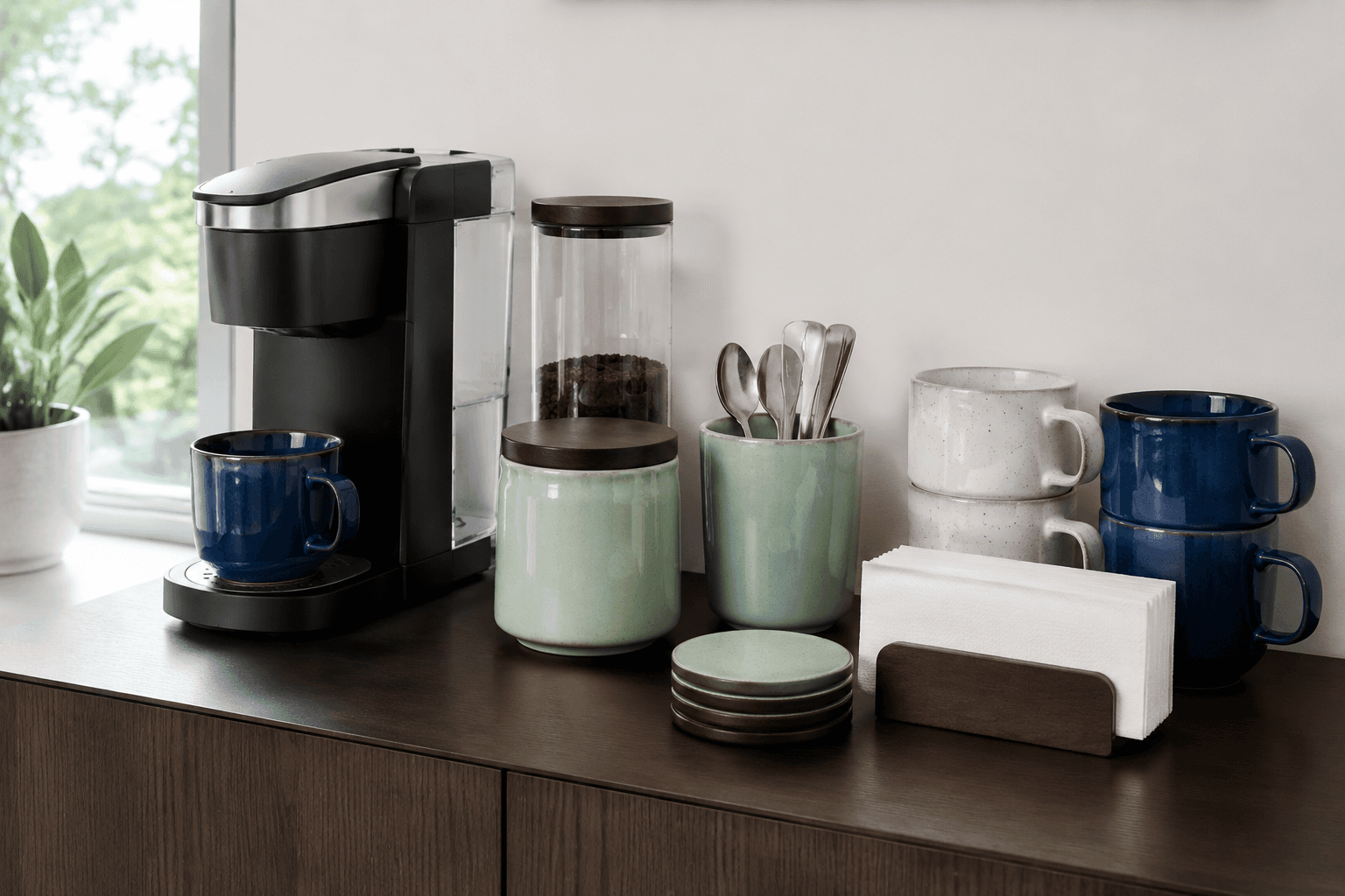 A tidy workplace drink station with coasters and a napkin holder